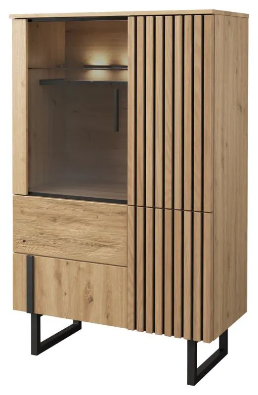 Vitrine Slatina 06, Farbe: Eiche / Schwarz, teilmassiv - Abmessungen: 146 x 91 x 45 cm (H x B x T)