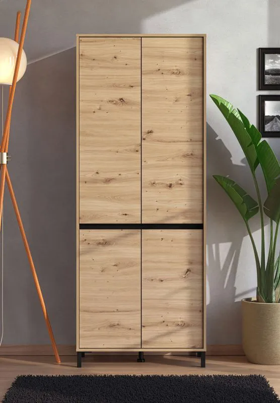Garderobenschrank | 4 Drehtüren | 9 Fächer | Farbe: Eiche Artisan | viel Stauraum | ABS-Kanten | Maße: 80 x 40 x 205,5 cm | für den Eingangsbereich
