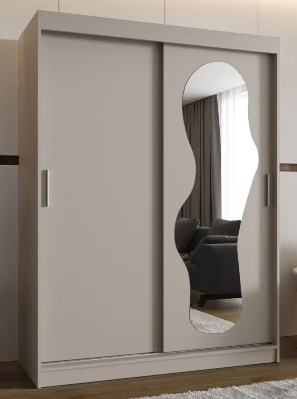 Schiebetürenschrank / Kleiderschrank Lagginhorn 12, Farbe: Kaschmir, 1,5 Meter breit, zwei Kleiderstangen, fünf Fächer, Aluminiumschienen, eine Spiegeltür