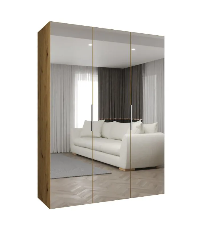 Drehtürenschrank / Kleiderschrank Korab 123, Farbe: Eiche Artisan, 1,5 Meter breit, Griffe: Kaschmir, drei Spiegeltüren, zwei Fächer, Soft-Close-Funktion