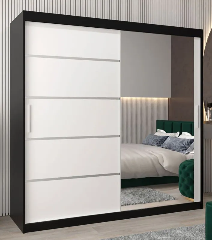 200 cm breiter Kleiderschrank mit 10 Fächern und 2 Türen | Farbe: Weiß / Schwarz Abbildung