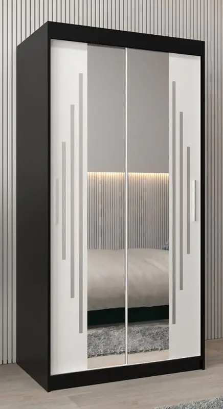 Schiebetürenschrank / Kleiderschrank mit Spiegel Tomlis 01A, Farbe: Schwarz / Weiß matt - Abmessungen: 200 x 100 x 62 cm (H x B x T)