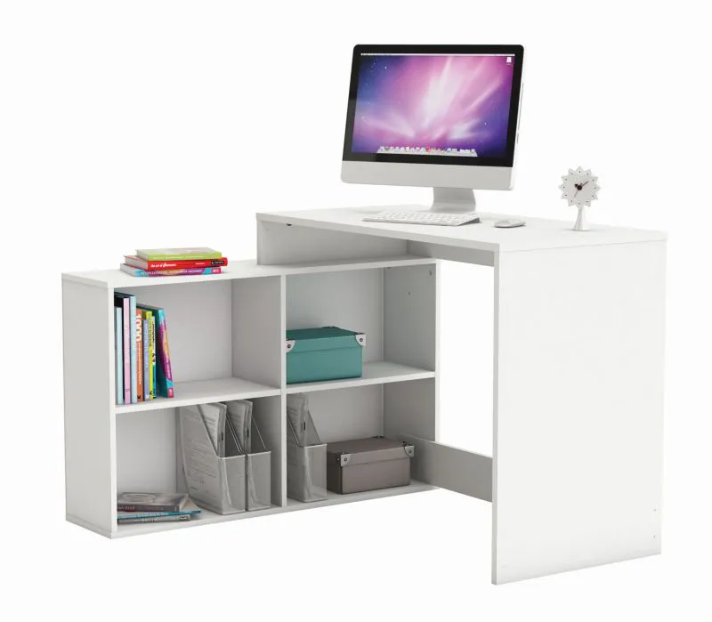 Weißer Schreibtisch Kasungu 17, mit 4 offenen Fächern, 77 x 112 x 101 cm, große Ablagefläche, L-förmiger Computertisch, spiegelverkehrt montierbar