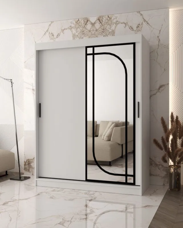 Schiebetürenschrank / Kleiderschrank | Weiß Matt | 150 x 62 x 200 cm | 2 Kleiderstangen | zuverlässiges Gleitsysteme | 5 Fächer | dekorativer  Spiegel