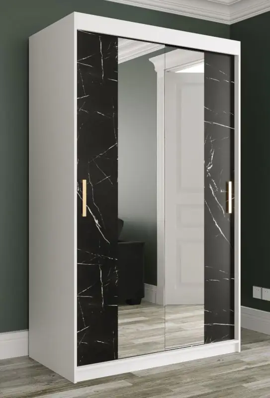 Kleiderschrank mit einer Spiegeltür Ätna 93, Farbe: Schwarz matt /  Schwarzer Marmor - Abmessungen: 200 x 250 x 62 cm (H x B x T), mit genügend  Stauraum