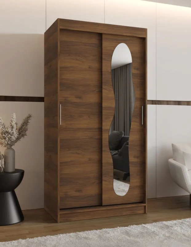 Schiebetürenschrank / Kleiderschrank | Farbe: Walnuss | 1 Meter breit | zwei Kleiderstangen | fünf Fächer | Aluminiumschienen | eine Spiegeltür