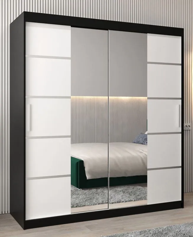 180 cm breiter Schiebetürenschrank mit 2 Türen | 10 Fächer | 2 Kleiderstangen | Farbe: Weiß / Schwarz Abbildung