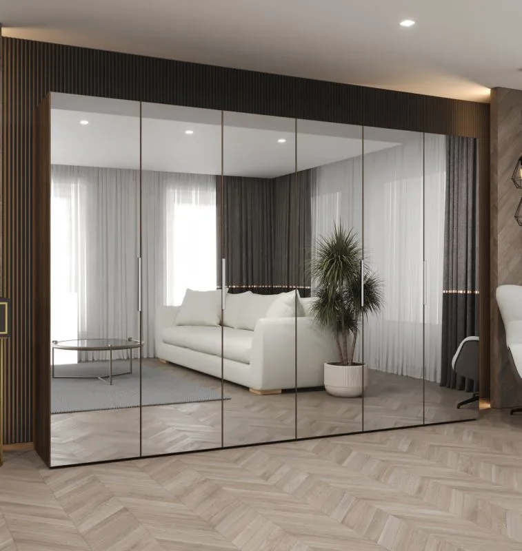 Drehtürenschrank / Kleiderschrank | Farbe: Walnuss | vier Kleiderstangen | Soft-Close-Funktion | 3 Meter breit | sechs Spiegeltüren | Griffe: Silber