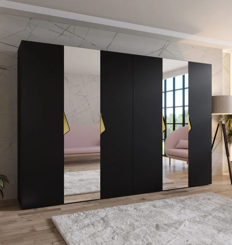 Drehtürenschrank / Kleiderschrank | Farbe: Schwarz | 2 Spiegeltüren | 4 Fächer | Griffe: Gold | 4 Kleiderstangen | Maße: 300 x 52 x 202 cm | ABS-Kanten