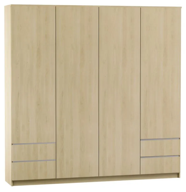 200 cm breiter Kleiderschrank mit 4 Türen, 10 Fächern und 4 Schubladen | Farbe: Buche / Weiß | Tiefe: 60 cm Abbildung
