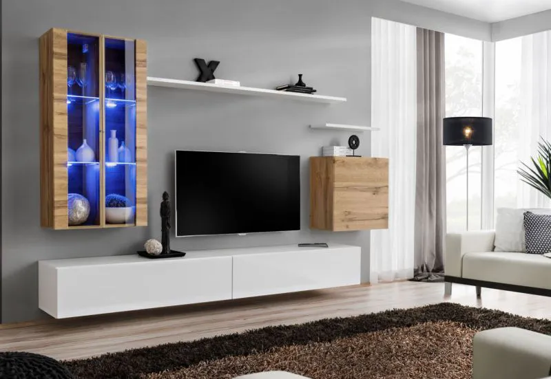 Wohnwand im eleganten Design Balestrand 187, Farbe: Eiche Wotan / Weiß - Abmessungen: 160 x 270 x 40 cm (H x B x T), mit fünf Türen
