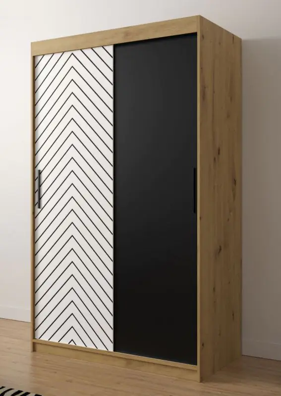 Moderner Kleiderschrank mit fünf Fächern Mulhacen 08, Farbe: Eiche Artisan / Weiß matt / Schwarz matt - Abmessungen: 200 x 120 x 62 cm (H x B x T)