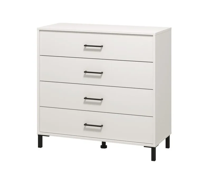Einfache Kommode Sabas 08, Farbe: Weiß, vier Schubladen, Griffe & Beine: Schwarz, ABS-Kantenschutz, Maße: 90 x 93 x 40 cm, für Wohnzimmer