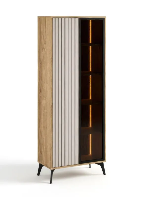 Vitrine mit viel Stauraum | 68,5 x 35,5 x 179 cm | ABS-Kantenschutz | inkl. LED-Beleuchtung | Metallbeine | Eiche Cremona / Beige | 10 Fächer