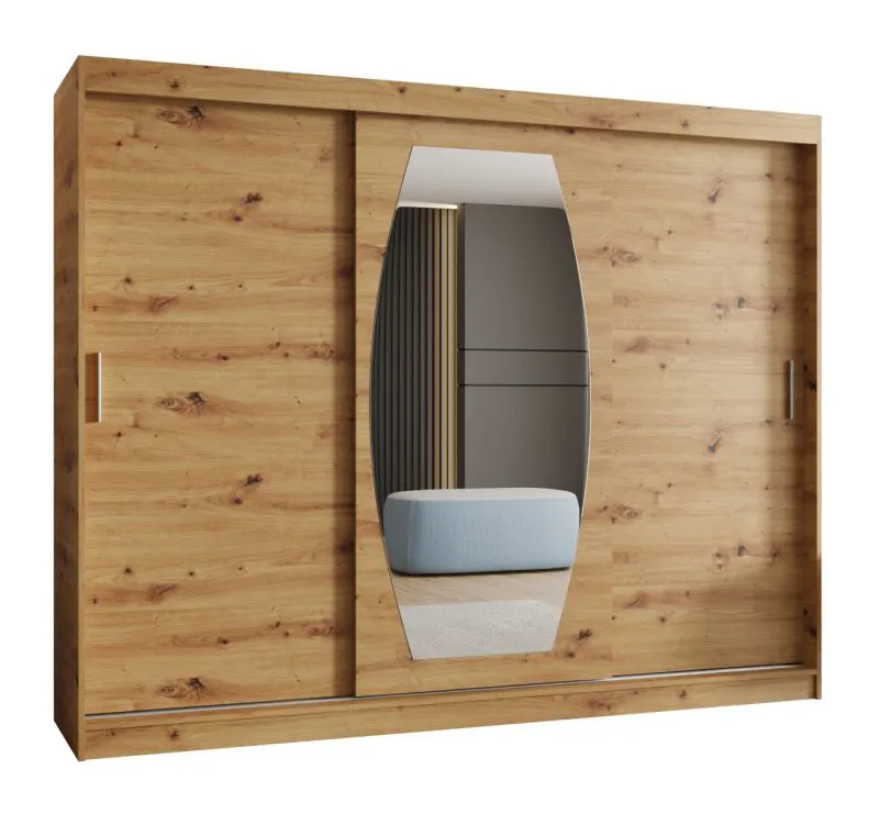 Schiebetürenschrank mit einer Spiegeltür Musala 21, Farbe: Eiche Artisan, 2,5 Meter breit, 10 Fächer, zwei Kleiderstangen, Aluminiumschienen, Kleiderschrank