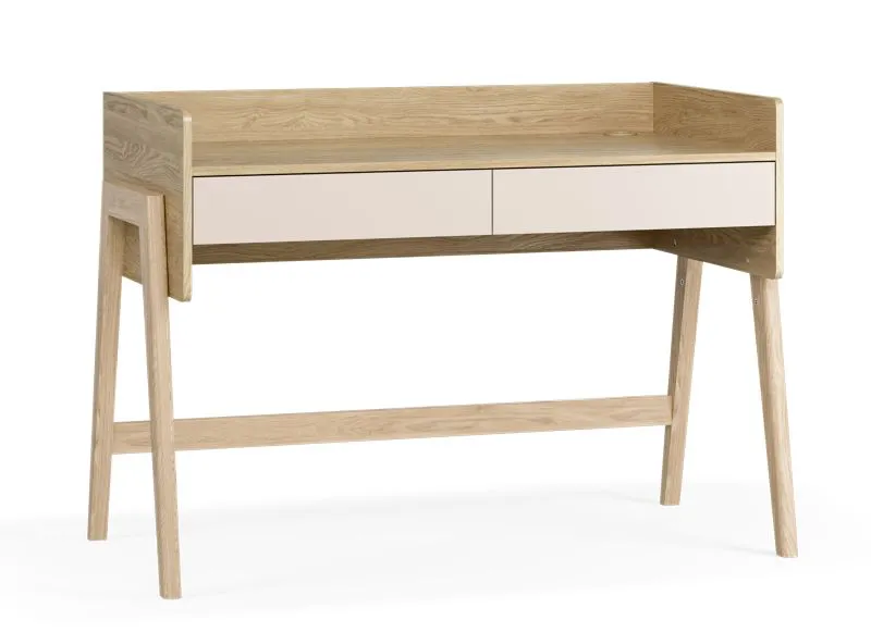 Schreibtisch | Soft-Close-Funktion | Höhenverstellbar | Farbe: Eiche / Beige | zwei Schubladen | Maße: 121 x 60 x 86 cm | 2-stufige Höhenverstellung