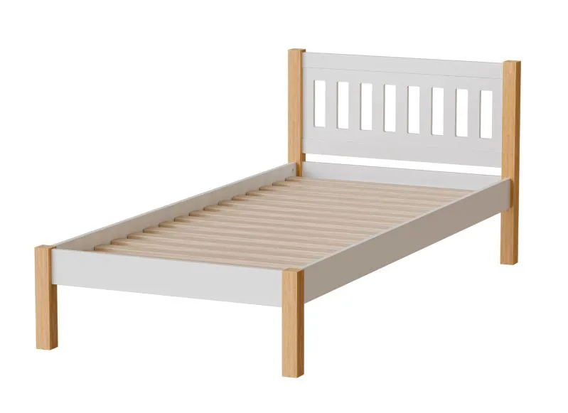 Einzelbett / Gästebett Maive 04 in Weiß / Eiche Natur, Liegefläche: 90 x 200 cm, Füße aus Eichenholz, 55 mm dick, inkl. Lattenrost, Kiefernholz