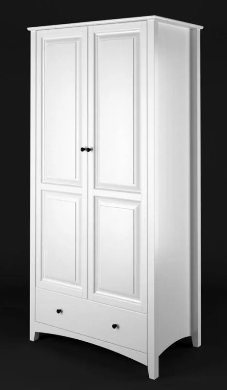 Kleiderschrank | 2 Drehtüren | 1 Schublade | 4 Fächer | mit Kleiderstange | 80 cm breit | Massivholz | Farbe: Weiß Abbildung