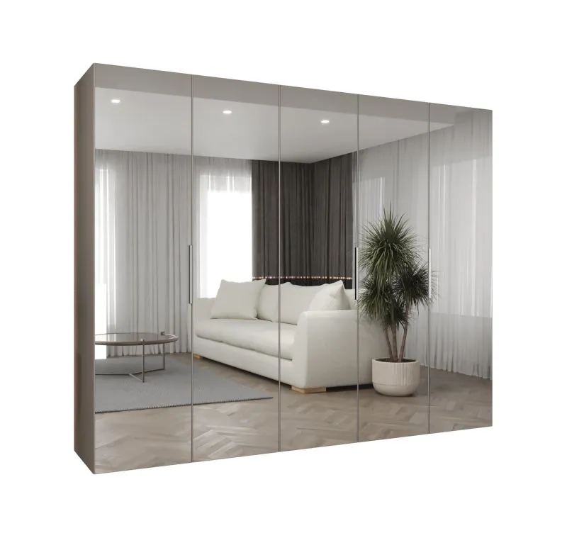 Drehtürenschrank / Kleiderschrank Korab 153, Farbe: Kaschmir, drei Kleiderstangen, Soft-Close-Funktion, 2,5 Meter breit, fünf Spiegeltüren, Griffe: Kaschmir