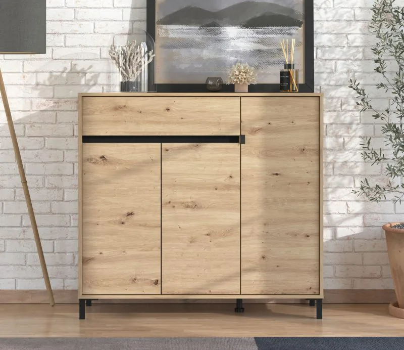 Schuhschrank | 3 Drehtüren | Farbe: Eiche Artisan | ABS-Kanten | 1 Schublade | 8 Fächer | Maße: 118,5 x 40 x 109,5 cm | für den Eingangsbereich