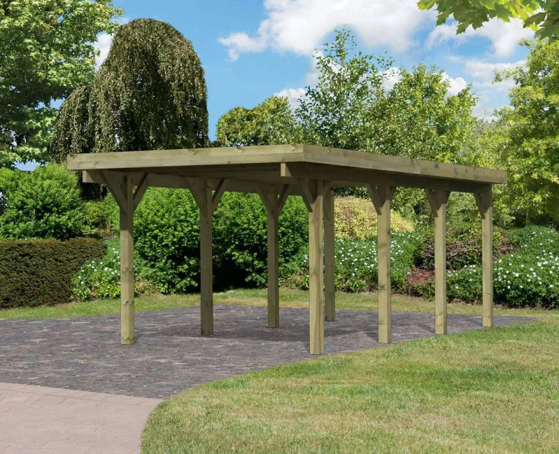 Einzelcarport Classic 2 Variante A SET mit Stahldachplatten, Farbe: Natur KDI, Grundfläche 14,1 m²