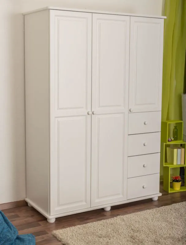 Kleiderschrank Kiefer Vollholz massiv weiß lackiert Junco 04 - Abmessung 195 x 135 x 59 cm
