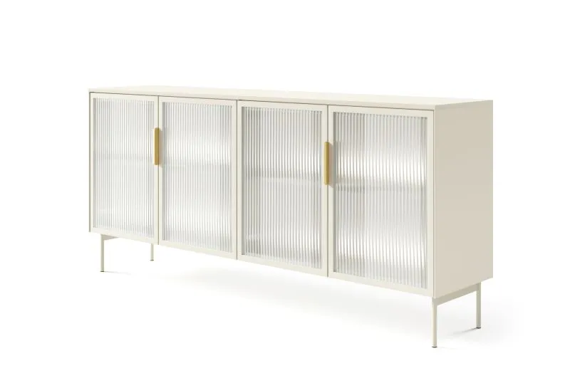 Kommode mit LED-Beleuchtung Chaabane 02 | Farbe: Kaschmir | gerillter Glasfront | vier Türen | Maße: 82,5 x 181 x 39 cm | ABS-Kantenschutz | Griffe & Beine: Metall