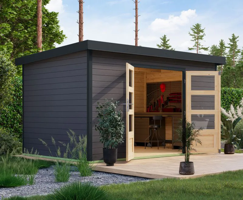 Holz Gartenhaus aus nordischer Fichte, terragrau/anthrazit, Trapezblech-Pultdach wetterfest, Doppelflügeltür große Lichtausschnitte, 3,60 × 2,40 m