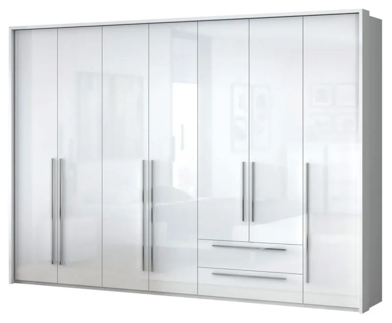 Großer Kleiderschrank | 7 Drehtüren | 2 Schubladen | 10 Fächer | mit 4 Kleiderstangen | 322 cm breit | Farbe: Weiß Abbildung
