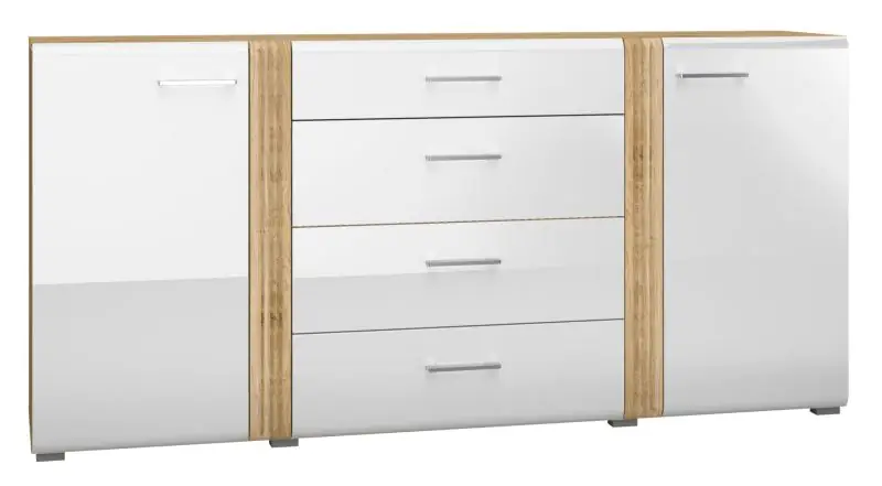 Kommode Tullahoma 06, Farbe: Eiche / Weiß Glanz - Abmessungen: 90 x 190 x 42 cm (H x B x T), mit 2 Türen, 4 Schubladen und 4 Fächern