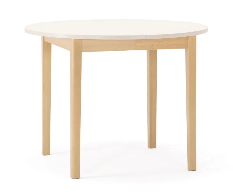 Esstisch | rund | ausziehbar | Farbe: Alabasterweiß / helle Eiche | Holzrahmen | ausziehbar bis 140 cm | Durchmesser: 100 cm | geeignet für kleine Küchen