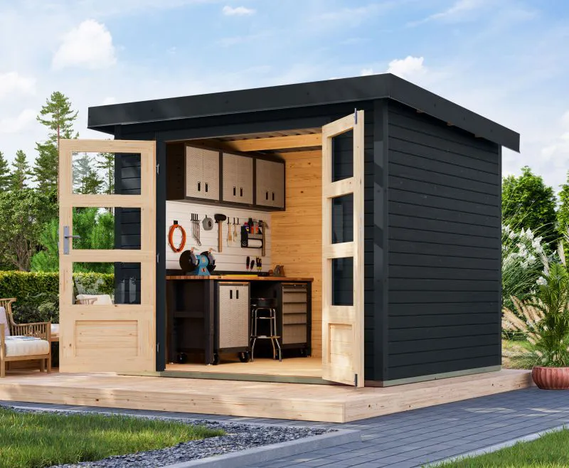 Pultdach Gartenhaus aus nordischer Fichte, anthrazit, stahlverstärkte Ecken, wartungsarm dank Trapezblechdach, inkl. Zylinderschloss, 2,38×2,13 m