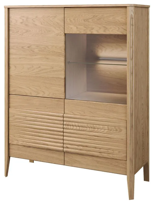 Vitrine mit Glastür rechts Gorica 05, in Eiche Gold, 140 x 111 x 45 cm, mit LED-Beleuchtung, Soft Close System, teilmassiv, Antisol-Glas Bronze