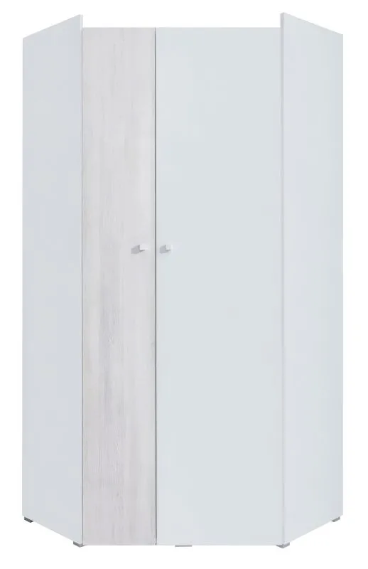 Jugendzimmer - Drehtürenschrank / Eckkleiderschrank Floreffe 02, Farbe: Weiß / Eiche weiß - Abmessungen: 190 x 90 x 90 cm (H x B x T)