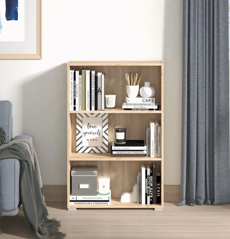 Regal Knide 04, Farbe: Eiche Sonoma, drei Fächer, ABS-Kantenschutz, stabil, Bücherregal, Maße: 107,5 x 70 x 24,5 cm, für Wohnzimmer