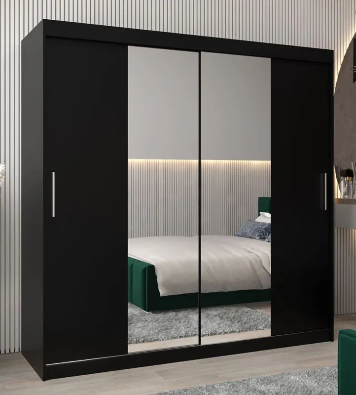 200 cm breiter Schiebetürenschrank mit 2 Türen | 10 Fächer | 2 Kleiderstangen | Farbe: Schwarz Abbildung
