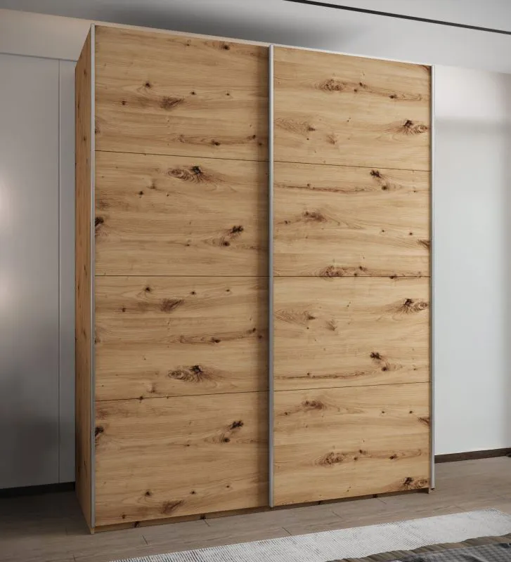 Kleiderschrank / Schiebetürenschrank | 2 Schiebetüren | 2 Kleiderstangen | 245, x 200 x 64 cm | 11 Fächer | 10 Einlegeböden | Farbe: Eiche Artisan