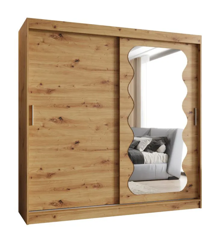 Schiebetürenschrank mit einen Spiegel Bernina 17, Farbe: Eiche Artisan, 2 Meter breit, 10 Fächer, zwei Kleiderstangen, Kleiderschrank, Aluminiumschienen