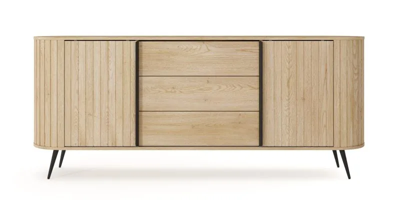 Kommode | 2 Schiebetüren | Farbe: Eiche Cremona | 3 Schubladen | Push-to-open Funktion | 196 x 40 x 82 cm | abgerundete Seiten | 4 Fächer | ABS-Kanten