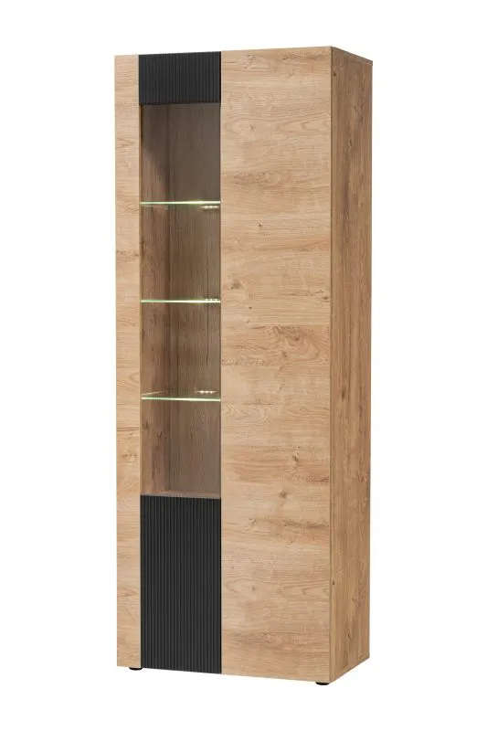 Vitrine | Farbe: Eiche Ribbeck / Schwarz matt | 2 Drehtüren | inkl. LED-Beleuchtung | 11 Fächer | Maße: 70 x 40 x 192 cm | Push-to-open Funktion