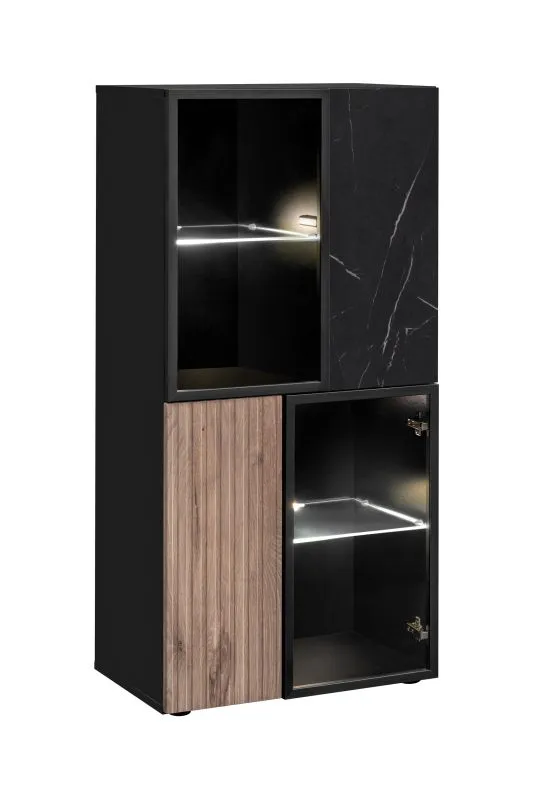 Vitrine | geriffelte Front | Farbe: Schwarz / Eiche Vicking / Schwarzer Marmor | 60 x 40 x 122 cm | Push-to-open Funktion | inkl. LED-Beleuchtung | 8 Fächer