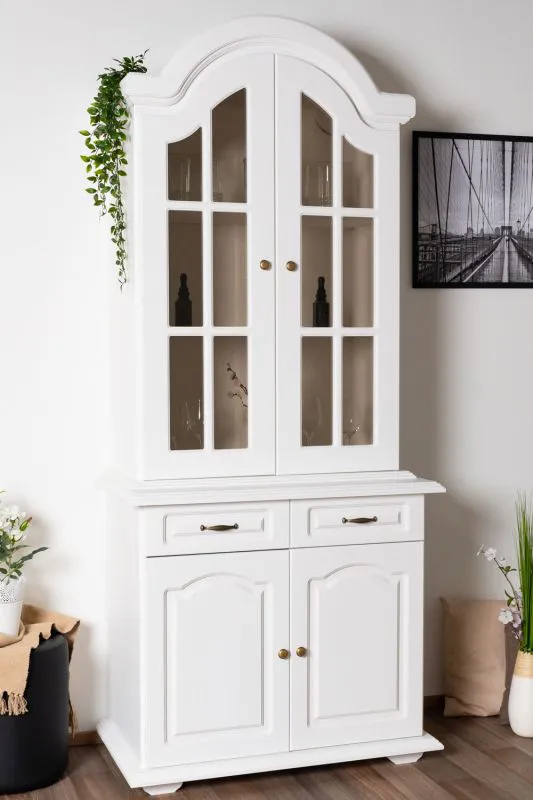 Schlichte Vitrine Kiefer Massivholz Pipilo 04, in Weiß, 225 x 97 x 54 cm, mit 2 Schubladen und 5 Fächern, sehr geräumig, einfache Montage