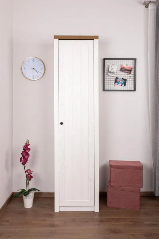 Wohnzimmerschrank schmal, Farbe: Kiefer weiß / Eiche Braun - Abmessungen: 198 x 50 x 43 cm (H x B x T) Abbildung