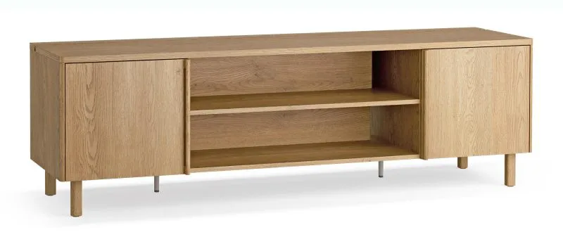 TV-Unterschrank | 1 Drehtür | 2 Schubladen | Farbe: Eiche | 4 Fächer | 183 x 46 x 56 cm | TV-Möbel | Soft-Close Funktion | ergonomische Eichenholzgriffe