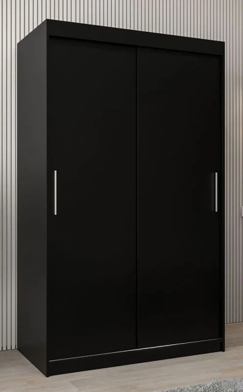 120 cm breiter Schiebetürenschrank mit 2 Türen | 5 Fächer | 2 Kleiderstangen | Farbe: Schwarz Abbildung