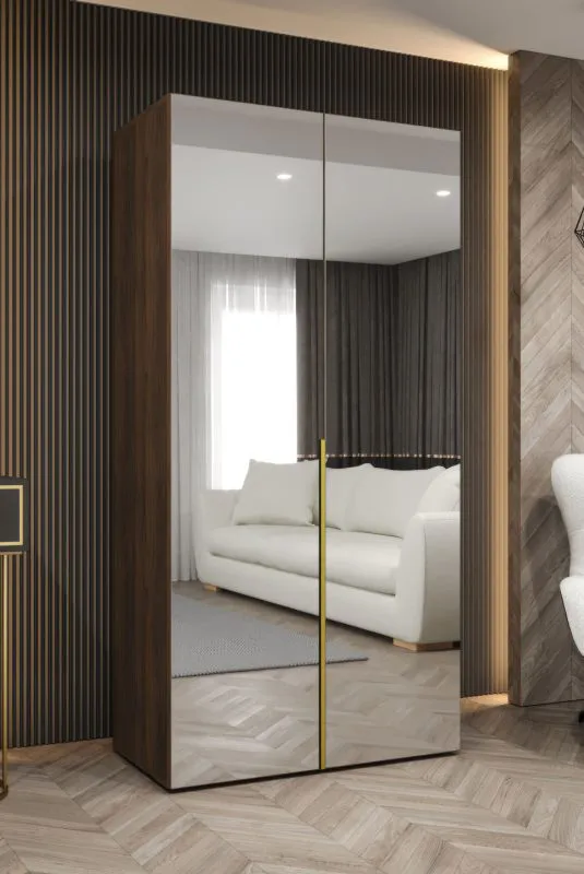 Kleiderschrank mit Soft-Close-Funktion | Farbe: Walnuss | ein Fach | 1 Meter breit | eine Kleiderstange | Griffe: Gold | zwei Spiegeltüren