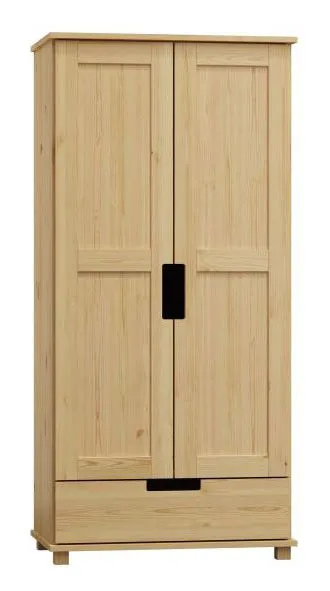 Kleiderschrank | 2 Drehtüren | 1 Schublade | mit Kleiderstange | 100 cm breit | Massivholz | Farbe: natur Abbildung