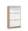 Schuhschrank mit Spiegel-Front Gradide 07, Farbe: Eiche Sonoma, drei Kipptüren, ABS-Kanten, Griffe: Grau, Maße: 119 x 67 x 28 cm, sechs Fächer