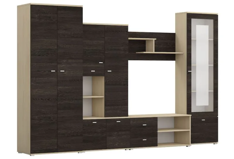 3,7 Meter breite Wohnwand | Eiche / Esche | Mourne 03 | 201 x 370 x 51 cm | 6 Türen | dunkle Holzoptik | dünne Griffe | viel Stauraum | Mehrteilig