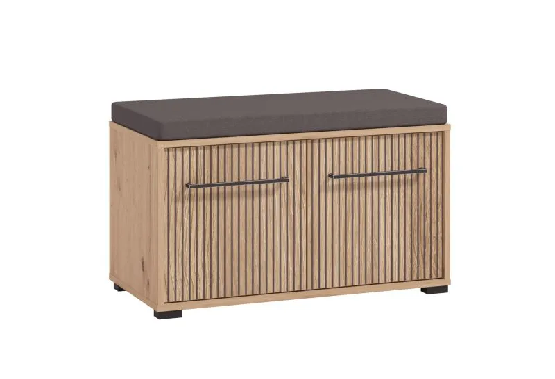 Sitzbank mit Stauraum Paduna 02, gepolsterte Sitzfläche, zwei Türen, ABS-Kanten, zwei Fächer, Maße: 49 x 80 x 40 cm, einfaches und modernes Design